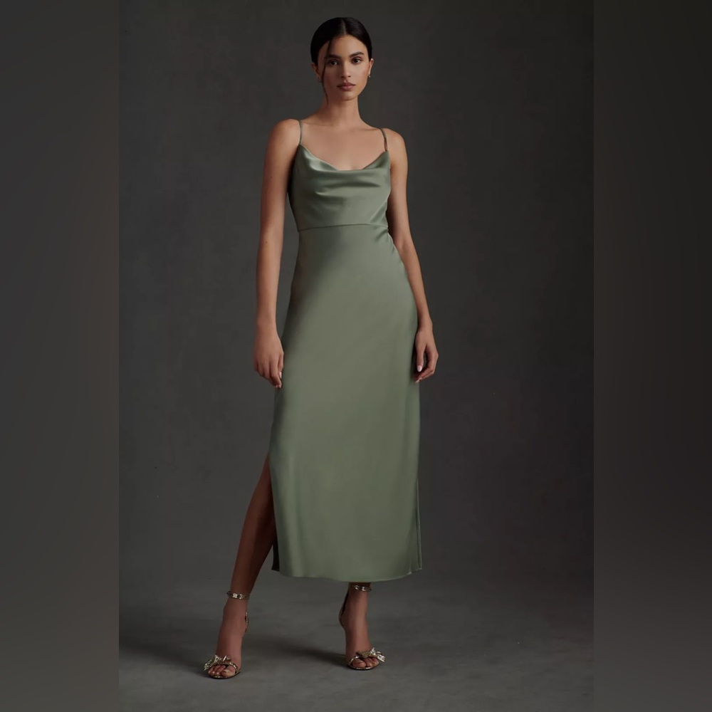 Bhldn Sage Cali Satin Cowl-neck Midi Slip Dress By Anthropologie